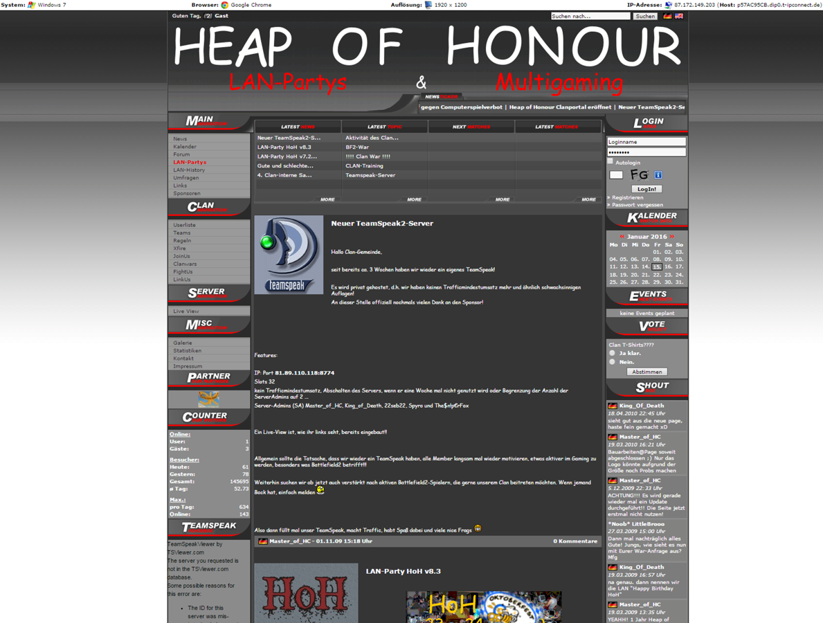 Screenshot of the Heap of Honour Clan Portal