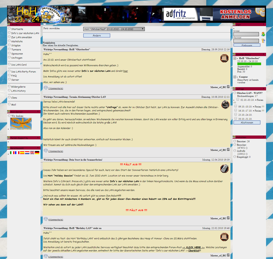 Screenshot of the LAN-Party Website of Heap of Honour